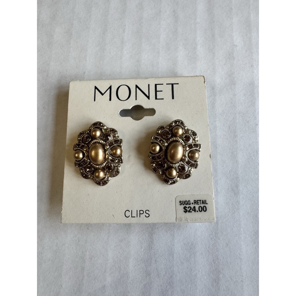 Vintage Authentic Signed Monet Pearl  & Rhinestone Crystal Clip Earrings NWT